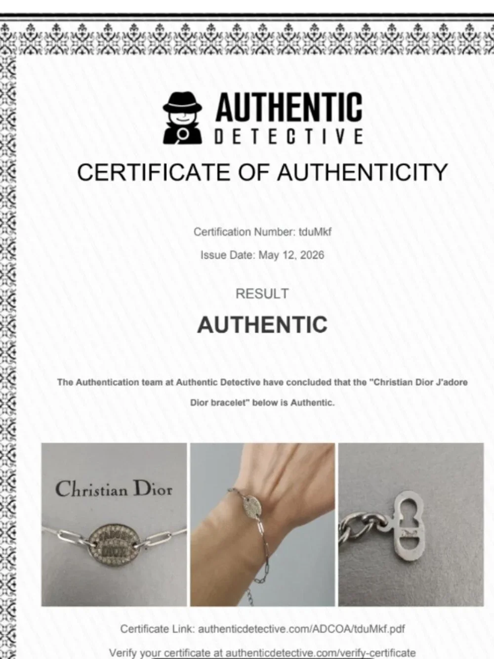 Dior Y2K vintage paperclip bracelet J'Adore Dior pave medallion adjustable w/COA